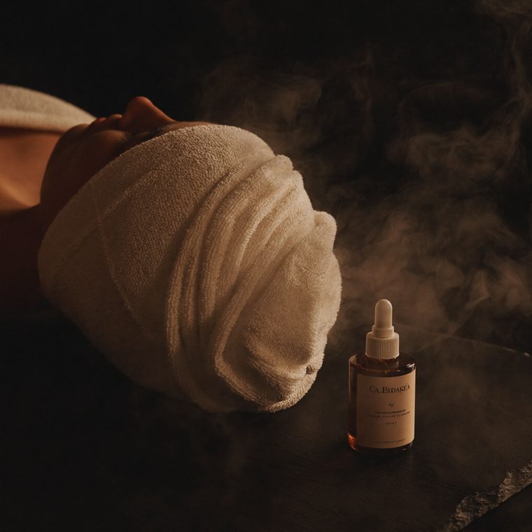 Warm towel scalp treatment with rising steam and serum
